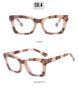 Detail view of tortoiseshell square eyeglasses frame from front and 45-degree angles
