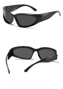 Y2K punk wraparound sunglasses detail showing 45 degree side view and back structure