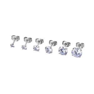 Set of 6 pairs varying size round silver titanium steel zircon stud earrings for men women