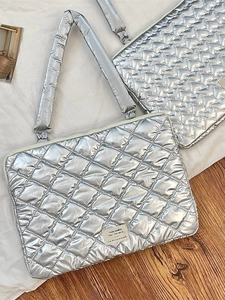 Quilted silver metallic laptop sleeve bag with chic heart pattern for 13 to 15 inch tablets