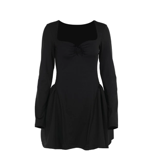 Elegant black long sleeve mini dress with square neck and pleated A-line skirt