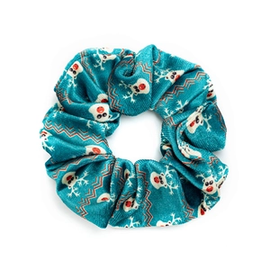 Christmas snowman plush scrunchie in teal corduroy with festive wave patterns