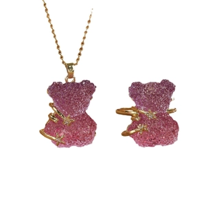 Pink purple gradient crystal bear jewelry set with gold star pendant and ring