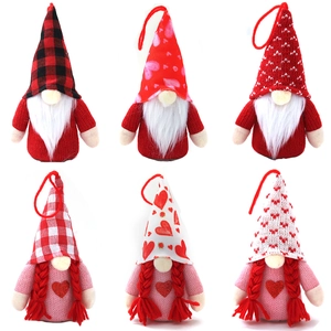 Set of six glowing Valentine faceless gnomes with knitted hats and white beards