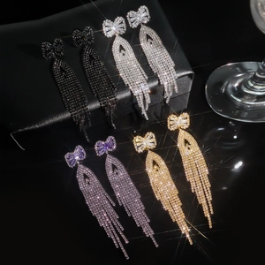 Luxury bow tassel earrings with micro-inlaid zircons and sparkling rhinestone chains