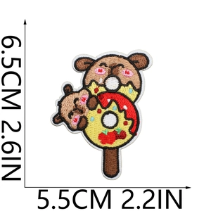 Detailed view of capybara bear donut embroidery patch with size dimensions 6.5cm by 5.5cm