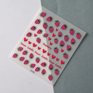 Detailed 3D embossed nail stickers featuring red raspberry and heart designs, model TS-062