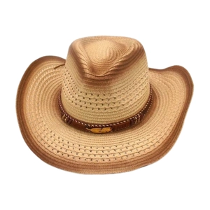 Bohemian gradient straw cowboy hat with golden feather charm and wide curved brim