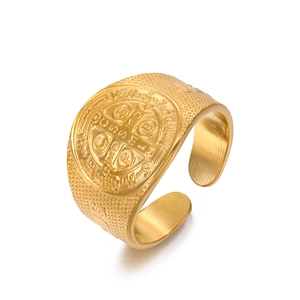 Adjustable 18K gold-plated St. Benedict cross medal ring with brushed metal texture