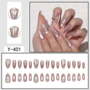 Champagne gold and rose cat-eye press-on nails with 3D bow and heart charms, Y-401