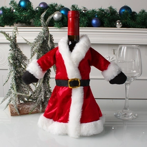 Christmas wine bottle cover in red velvet dress style with white fur and black belt
