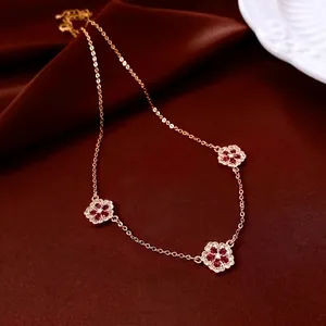 Flower Pendant Necklace 18K Gold Plated Copper With Ruby Red Zircon Flower Charms Elegant Fashion Jewelry For Women