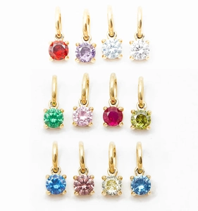 Set of 12 gold birthstone charms with colorful round cut crystals in grid view
