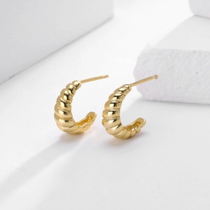 Detailed macro view of golden C-shaped twisted earrings with a polished spiral texture
