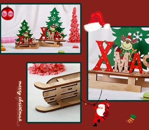 Detail view of wooden DIY Christmas sleigh ornament with Xmas letters and deer patterns