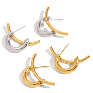 Minimalist gold and silver C-shaped hoop earrings set with polished metallic finish
