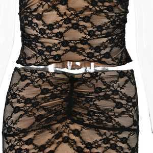 Détails d'un ensemble deux pièces en dentelle noire avec doublure nude et maille fine