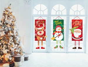 Detailed view of 3-piece Merry Christmas banners featuring reindeer, snowman, and Santa Claus