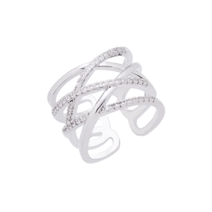 Sparkling silver multi-layer crisscross stainless steel open ring with pave cubic zirconia