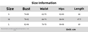 Detailed size guide table with bust waist and hip measurements for printed mini dress
