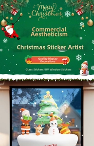 Detail of 3D UV Christmas window stickers featuring Santa, reindeer and tree on glass
