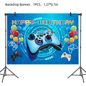 Blue video game themed happy birthday backdrop banner for boys party decoration 1.27x0.7m