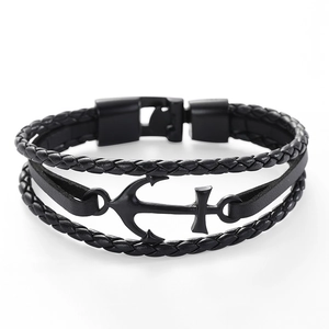 Retro multi-layer braided black leather bracelet with metal anchor charm and clasp