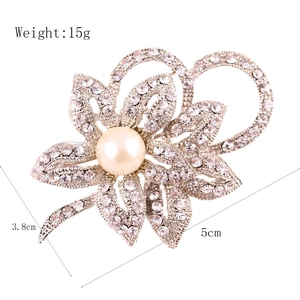 Silver flower brooch with pearls and rhinestones on white background for women