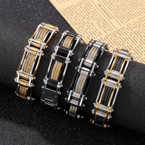 Men's stainless steel cable chain bracelets in gold, black, silver, and two-tone finishes