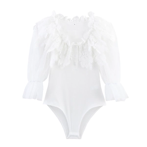 Women Bodysuit Lace Mesh Long Sleeve Ribbed Knit Round Neck Slim Fit Elegant Sexy White Jumpsuit Top