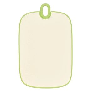 Antibacterial food-grade plastic cutting board with green non-slip edges and hanging hole