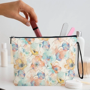 Floral Print Makeup Bag Linen Toiletry Pouch Portable Cosmetic Organizer With Zipper And Wrist Strap For Women Travel