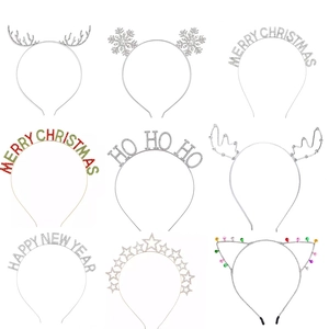 Detailed grid of Christmas headbands with metal antlers, rhinestones and festive text