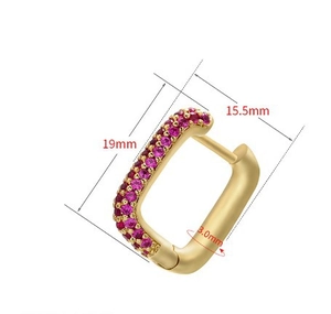 Detailed size chart for gold rectangular huggie earrings with pink stones 19mm high