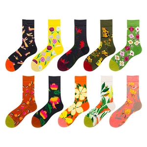 Set of 10 pairs of cotton crew socks featuring cute cartoon animal and floral patterns
