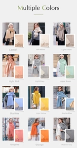 Collage of 12 vibrant solid color scarves with tassels in various pastel and warm tones
