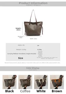 Detailed spec sheet showing measurements and high-quality PU leather tote bag features