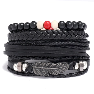 Vintage Woven Leather Bracelet Set Multilayer Punk Wood Bead Braid Feather Pendant Wrap Wristband Unisex Jewelry