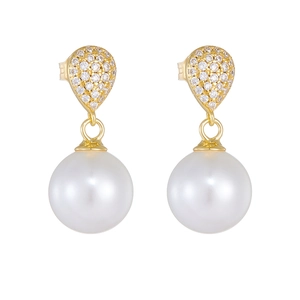 Exquisite S925 silver gold teardrop stud earrings with zircon and round white pearl