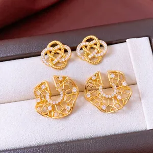 Vintage French Style Copper Geometric Hollow Twisted Knot Stud Earrings With Zircon And Silver Earring Post For Women