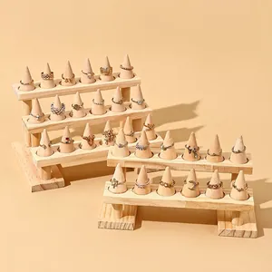 Solid Wood Ring Display Stand Multi Layer Stepped Jewelry Holder Conical Pegs Desktop Organizer Counter Showcases Natural Rustic
