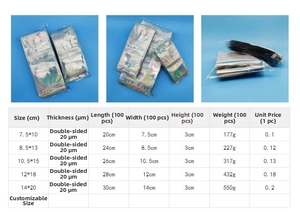 Size chart for laser jewelry packaging bags showing five dimensions and weight specs