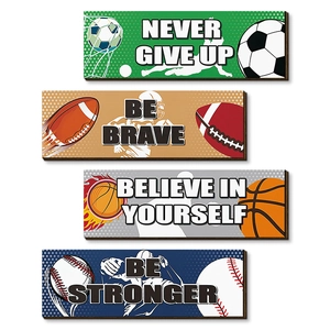 Set of 4 sports motivational wood signs featuring soccer, basketball and baseball themes