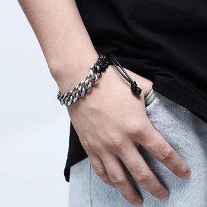 Adjustable stainless steel Cuban chain and black braided wax rope bracelet for men