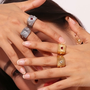 18K gold plated heart signet rings in gold and silver with sunburst texture