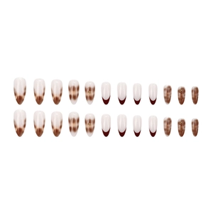 Brown marble and burgundy French almond press-on nails with tiny gold pearl accents