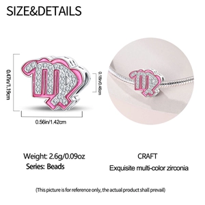 Macro detail of Virgo zodiac bead with pink enamel, cubic zirconia, and size dimensions