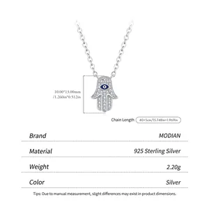 Collier en argent 925 avec pendentif Main de Fatma, œil bleu et sertissage de diamants fins