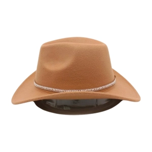 Front detail of camel wool felt cowboy hat with pearl decorative band on white background