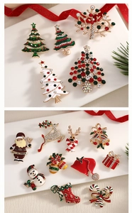 Detail of Christmas brooches featuring reindeer, Santa Claus, and trees with rhinestones